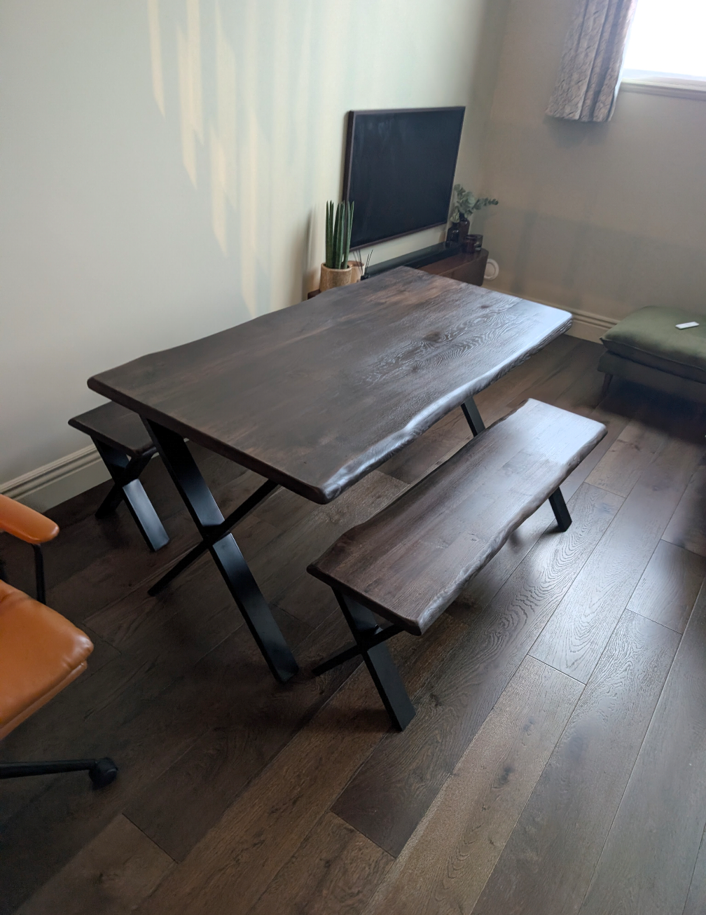 Rustic wooden dining table and benches