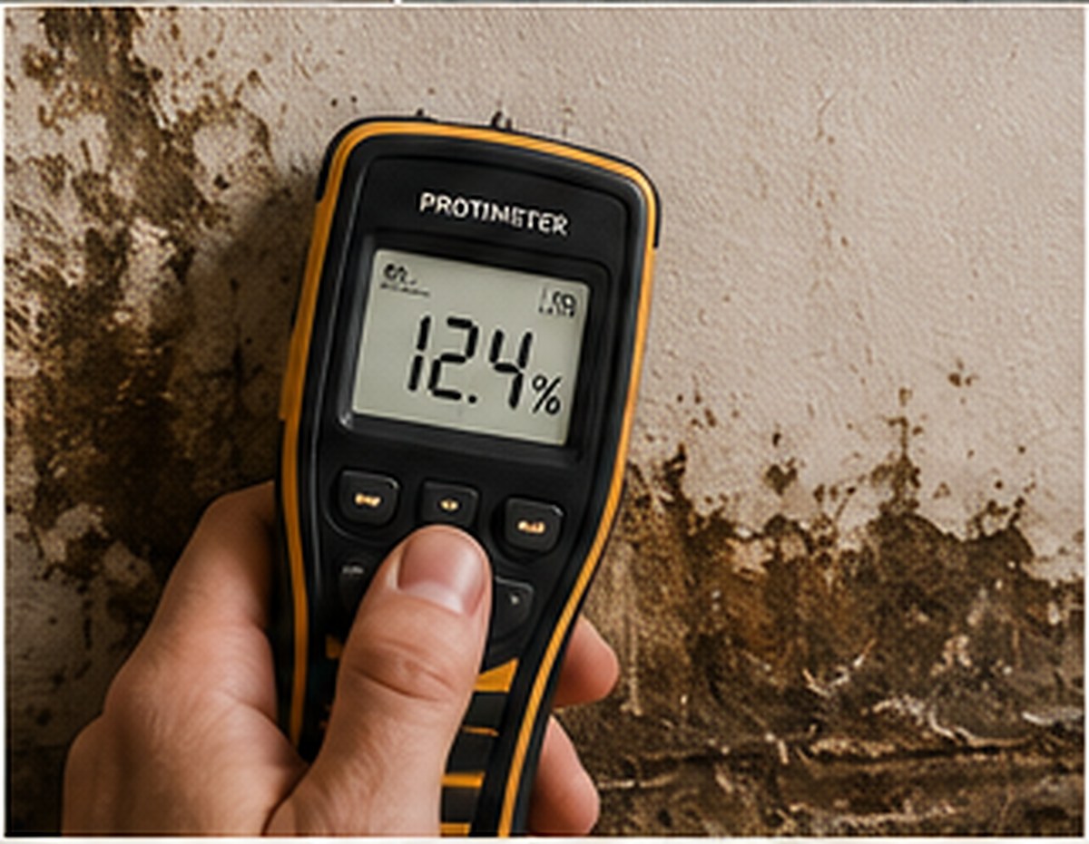Hand measuring wall moisture with Protimeter | AWJ Construction
